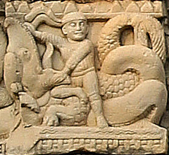 File:01 Torana of Stupa 3 in Sanchi Foreigner fighting a Makara.jpg